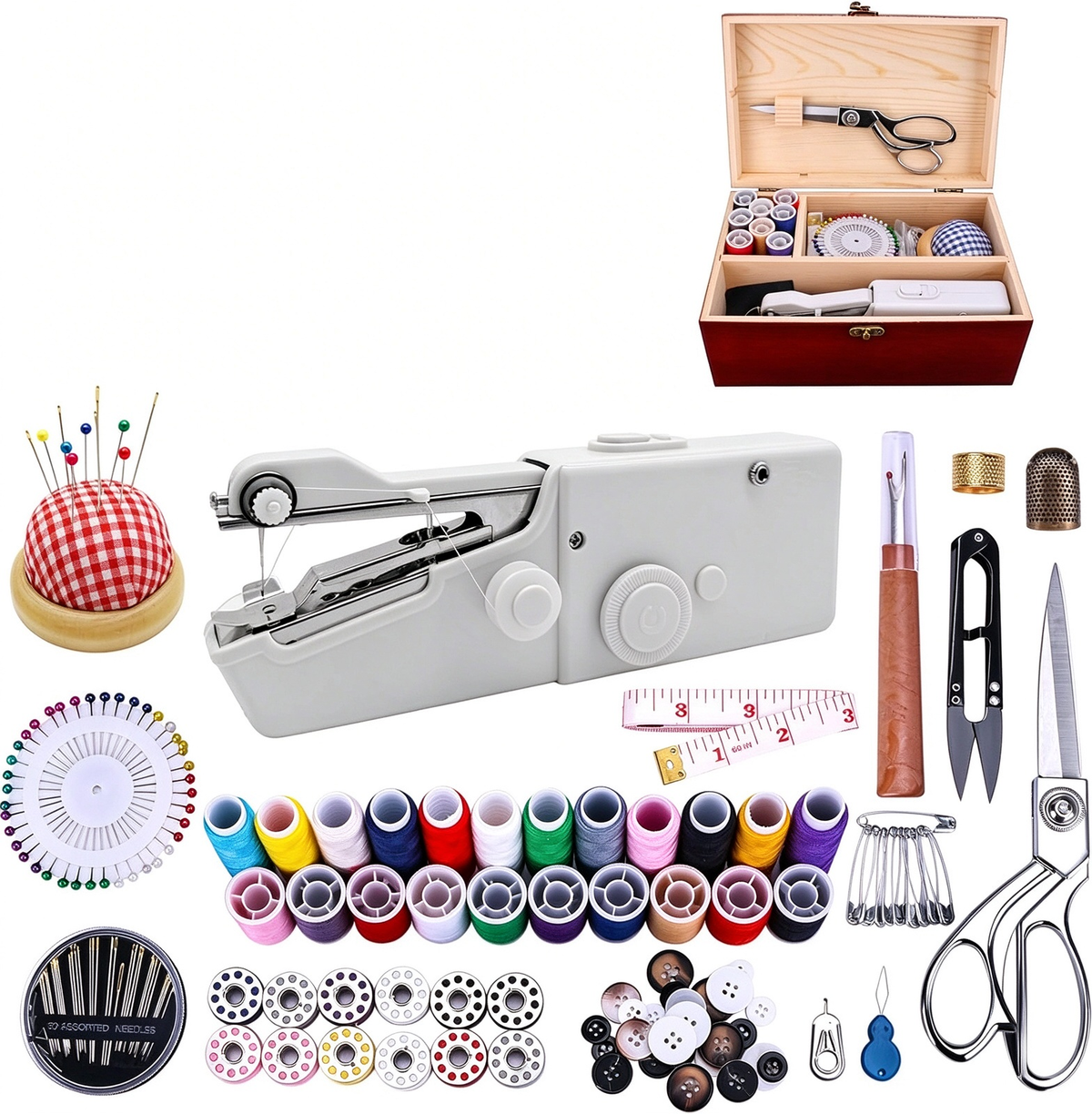 Portable Handheld Sewing Machine | With Red Wooden Sewing Box & 143Pcs Sewing Kit, Power Adapter & Heavy-Duty Scissors, Ideal for Beginners & Adults