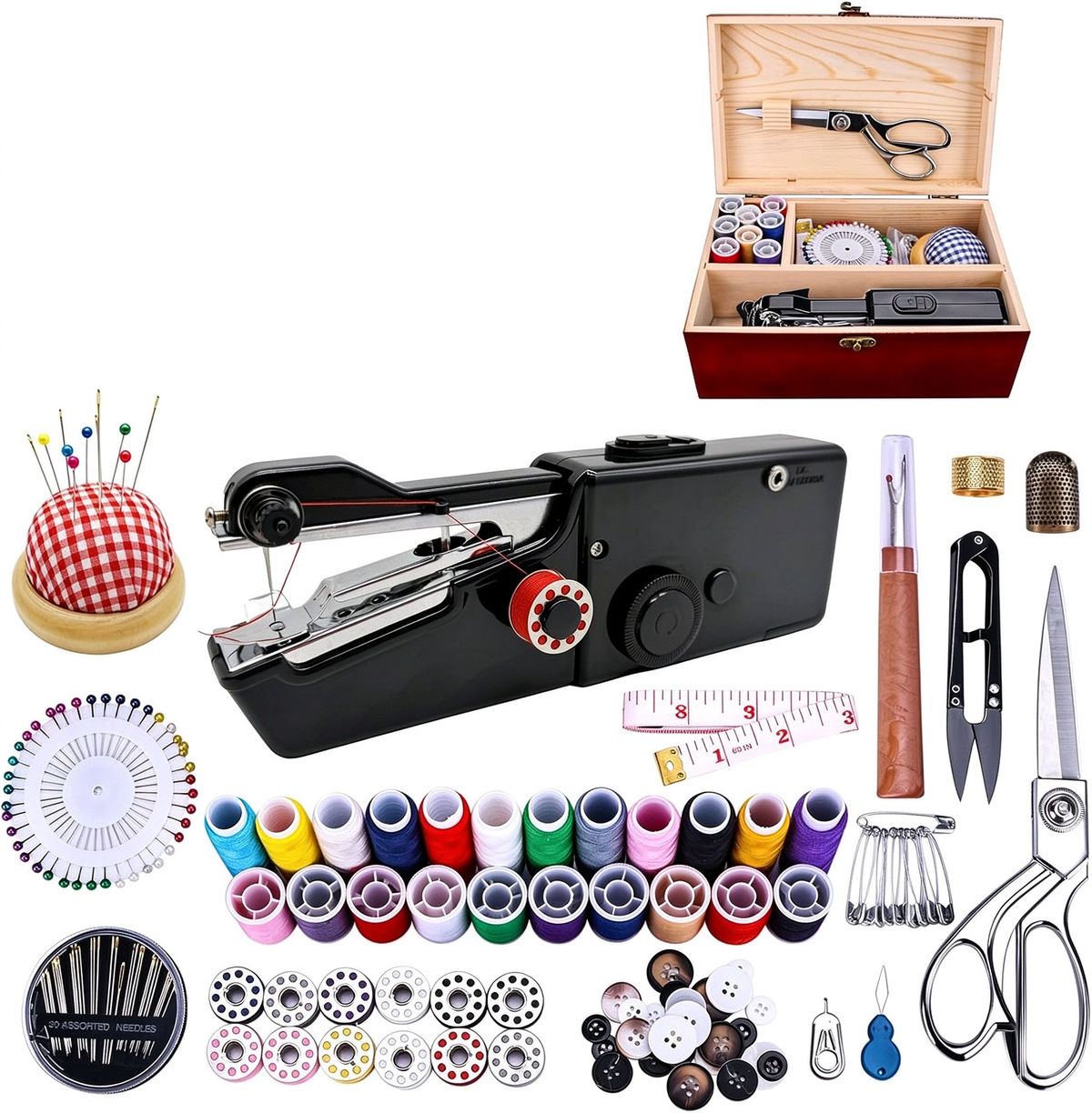 Portable Handheld Sewing Machine | With Red Wooden Sewing Box & 143Pcs Sewing Kit, Power Adapter & Heavy-Duty Scissors, Ideal for Beginners & Adults