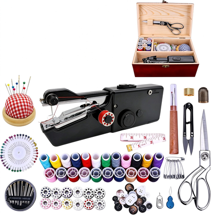 Portable Handheld Sewing Machine | With Red Wooden Sewing Box & 143Pcs Sewing Kit, Power Adapter & Heavy-Duty Scissors, Ideal for Beginners & Adults