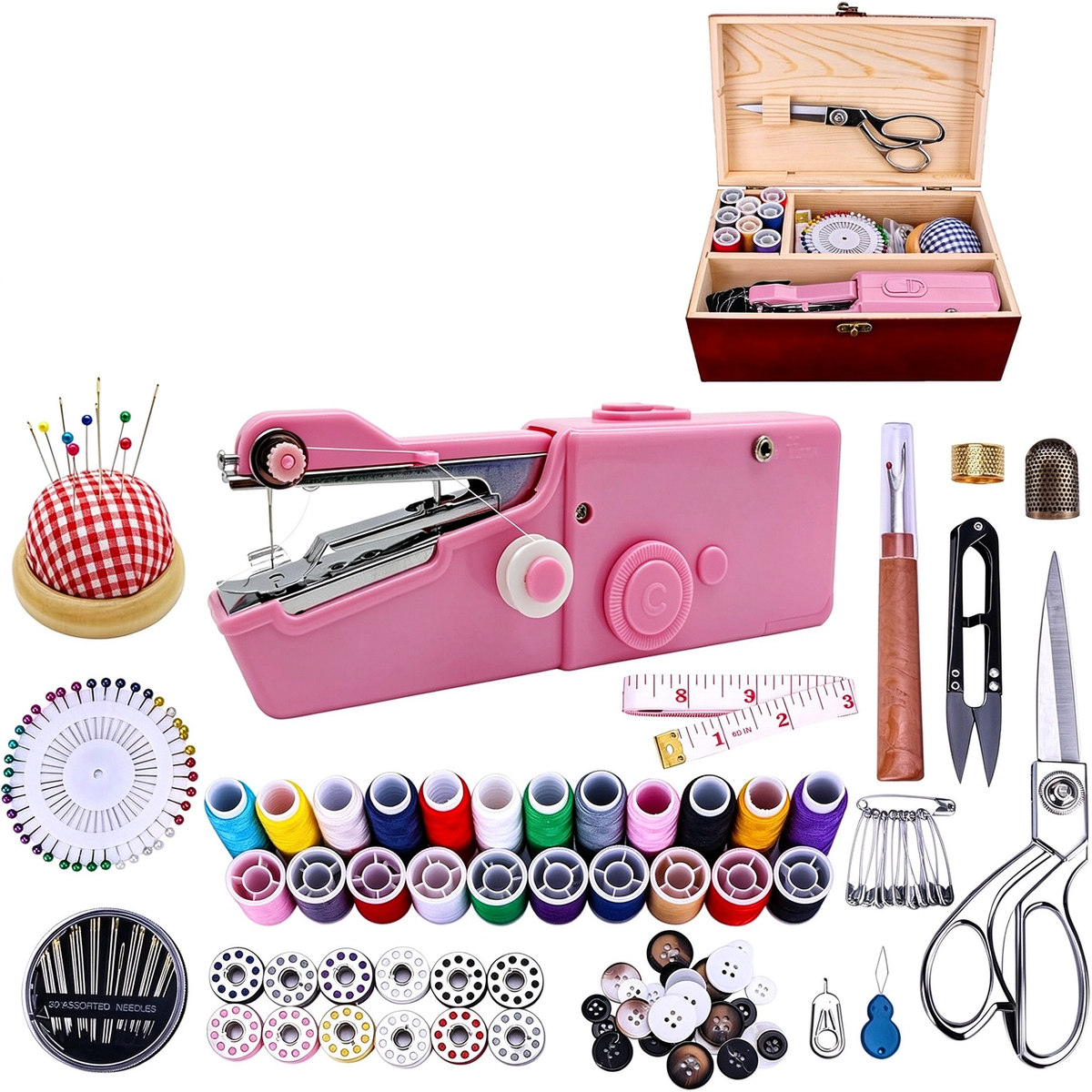 Portable Handheld Sewing Machine | With Red Wooden Sewing Box & 143Pcs Sewing Kit, Power Adapter & Heavy-Duty Scissors, Ideal for Beginners & Adults