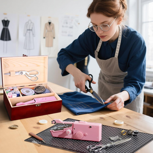 Portable Handheld Sewing Machine | With Red Wooden Sewing Box & 143Pcs Sewing Kit, Power Adapter & Heavy-Duty Scissors, Ideal for Beginners & Adults